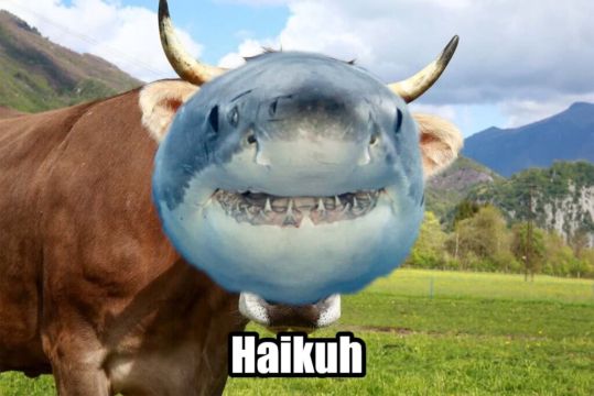 Bild einer Hai-Kuh-Chimäre. Ein Haikopf liebevoll mit hochprofessionellen Bildbearbeitungsfertigkeiten auf eine Kuh geklebt. Darunter der Text "Haikuh".