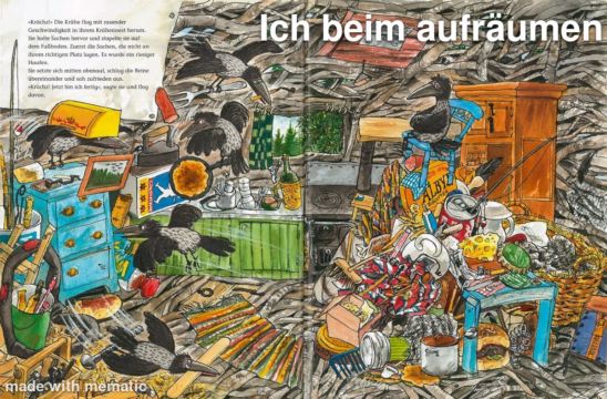 Die akrähe beim aufräumen wie sie alles auf einen großen Haufen räumt, betitelt mit ich beim aufräumen.